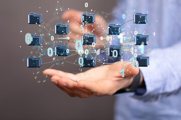 Data cloud storage network from lines, triangles and particle style design.