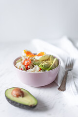 Veggie Rice With Mixed Vegetables, Avocado and Boiled Egg, Flat Lay
