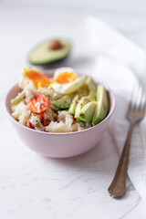 Veggie Rice With Mixed Vegetables, Avocado and Boiled Egg, Flat Lay