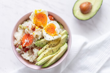 Veggie Rice With Mixed Vegetables, Avocado and Boiled Egg, Flat Lay