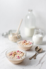Peanut and Raspberry Overnight Oats, Morning Porridge Breakfast, Diary Milk