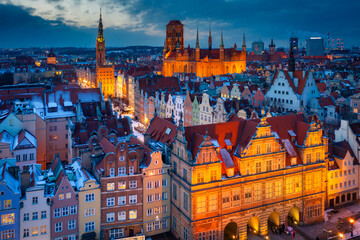 Beautiful old town in Gdansk at winter dusk, Poland