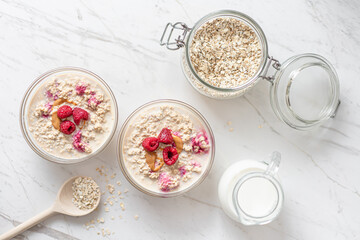 Peanut and Raspberry Overnight Oats, Morning Porridge Breakfast, Diary Milk - 413585571