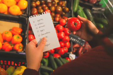 woman follows shopping list when buying fruits and vegetables in supermarket.