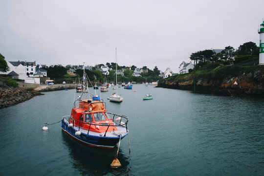 creek of Brittany, France. Boats, sea, houses, village