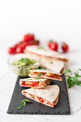 Chicken Tomato and Cheese Quesadillas and Avocado Guacamole