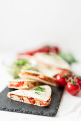 Chicken Tomato and Cheese Quesadillas and Avocado Guacamole