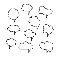 Set of black vector comic speech bubbles. Isolated colorful banner, empty paper shape. Cartoon flat illustration for chat. Template frame. Hand draw style, dialog cloud.
