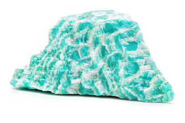 Extreme sharp and detailed closeup macro photo of amazonite mineral gemstone rough. Piece of natural raw amazon stone (blue and green microcline feldspar) isolated on white background. 
