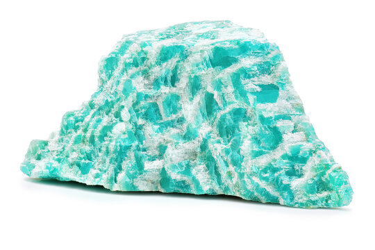 Extreme sharp and detailed closeup macro photo of amazonite mineral gemstone rough. Piece of natural raw amazon stone (blue and green microcline feldspar) isolated on white background. 