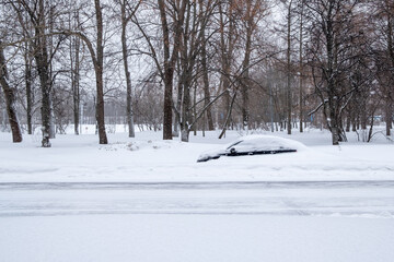 Cars parked along the road on a winter day are covered in a thick layer of snow after a heavy...