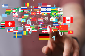 Global communication and international messaging concept, national flags of world
