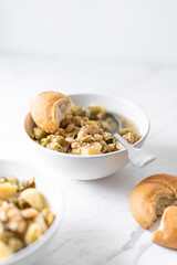 Chicken Breast Casserole, Leeks, Potatoes, Beans, Peas and Green Olives