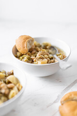 Chicken Breast Casserole, Leeks, Potatoes, Beans, Peas and Green Olives