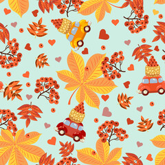 Seamless pattern with red berries, hearts, cars, baskets with berries and autumn leaves of orange, red and yellow flowers on a blue background.