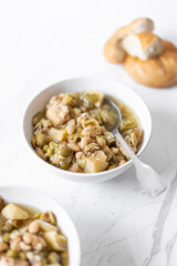 Chicken Breast Casserole, Leeks, Potatoes, Beans, Peas and Green Olives