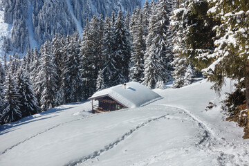 Winterlandschaft in den Bergen mit Skihütte und Almhütte