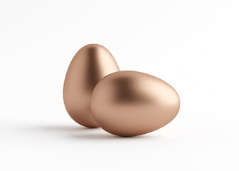 Two bronze eggs close up on a white background. Easter holiday. 3D rendering and 3D illustration.