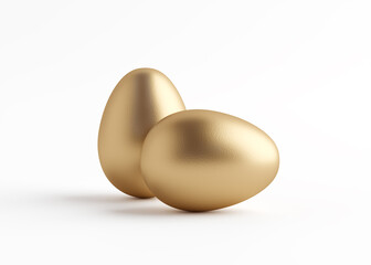 Two golden eggs close up on a white background. Easter holiday. 3D rendering and 3D illustration.