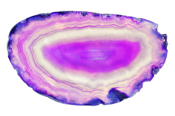 Amazing cross section of Violet Agate Crystal geode. Natural translucent agate crystal surface cut isolated on white background, Purple healing abstract structure slice mineral stone macro closeup