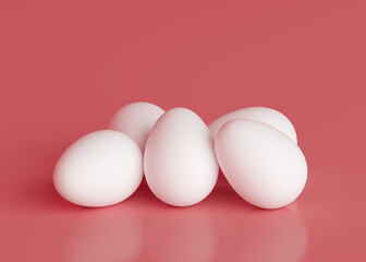 Five white eggs on a pink background. Easter holiday. 3D rendering and 3D illustration.