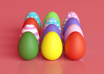 Decorated eggs on a pink background. Easter holiday. 3D rendering and 3D illustration.