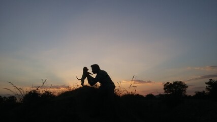 pet and a person in the sunset