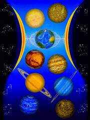 Naklejka premium Sun = watch case. Planets = grains of sand. With Time, the planets move away from the Sun. At the optimal distance from the Sun, Life is born. Once upon a time Life was on Mars. Now Life on Earth.