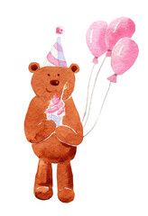 Watercolor illustration of a cute bear with pink air happy birthday with balloons and cake