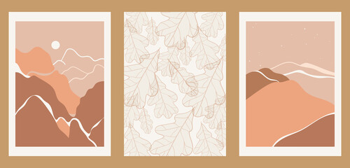 Creative aesthetic posters in minimalist vintage style. Vertical A4 illustrations for social media, web design, covers. A set of three abstract backgrounds with plants, leaves, abstract landscapes.