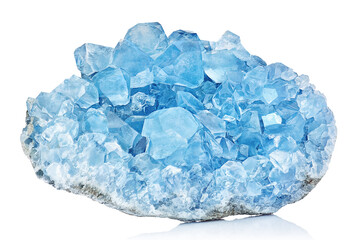 Sky Blue Celestine Crystal Stone macro mineral gemstone. Natural Azure rough Celestite crystals cluster isolated on white background