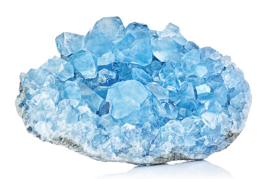 Sky Blue Celestine Crystal Stone macro mineral gemstone. Natural Azure rough Celestite crystals cluster isolated on white background