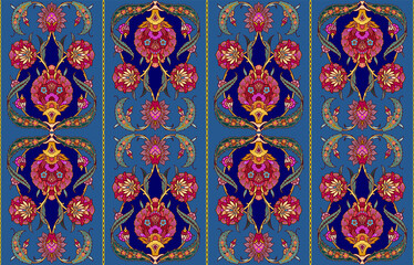 Seamless vector floral ornate persian Damask style vintage boho textile pattern in deep purple, red and gold colors for custom print and design.