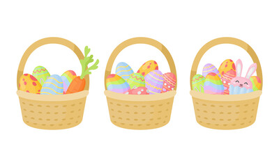Fototapeta na wymiar Set of Easter baskets with eggs. Illustrations of basket with different colorful eggs. 