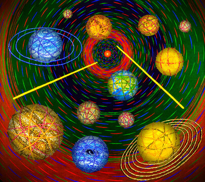 Weaving (weaving) of the Solar System.
Sun = knitting needles (for knitting with wool).
Planets = wool balls.
Threads = the geological material of the planets.
Color of thread - natural elements.