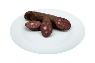 delicious blood sausage on white plate isolated on transparent background for your design or menu creation