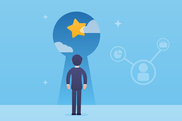 Vector business illustration. Vector concept of problem solving. The businessman stands with his back and looks into the turnkey hole in which he sees a bright future. Freelance, career. Progress.