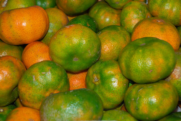 Group of freshly grown orange and green mandarins