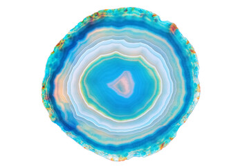 Amazing Blue Agate Crystal cross section isolated on white background. Natural translucent agate...