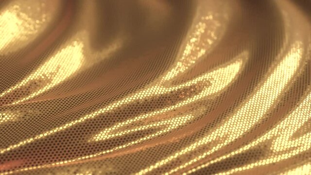 Gold beautiful shiny background of sequins and bokeh. Wavy festive fabric texture with shiny particles close up. 3d animation