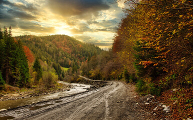 Autumn forest with a wet dirt road high in the mountains A dirt road with puddles, forest, high mountains.
