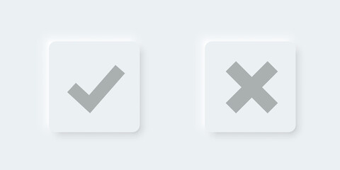Check mark vector button in modern neumorphic design. Checkmark icon 3d three-dimensional. yes no buttons. vote and choise illustration. isolated button set on white background