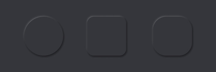 3D vector buttons neumorphic design. Geometric shapes: circle, square, .rectangle on dark, black background with light shadows. Web elements geometry modern trend tree-dimensional design.
