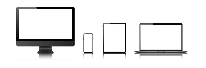 laptop, computer, tablet, mobile,  mockup isolated blank screen vector set. white monitor touchscreen gadget technology equipment. phone, smartphone white  background