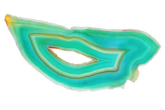 Amazing cross section of Green Agate Crystal cut isolated on white background. Natural translucent agate crystal surface, Green abstract structure slice mineral stone macro closeup