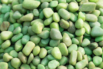 Collection Of Bright Green Colored Stones Or Pebbles Of Various Shapes And Sizes Stacked In Group. Used In Home Garden Backyard Fountain Decor And Aquarium. Suitable For Wallpaper Or Background