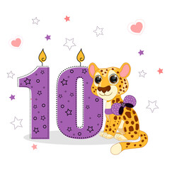 Purple number ten and a cute cartoon cheetah. Perfect for greeting cards, party invitations, posters, stickers, pin, scrapbooking, icons. Birthday concept