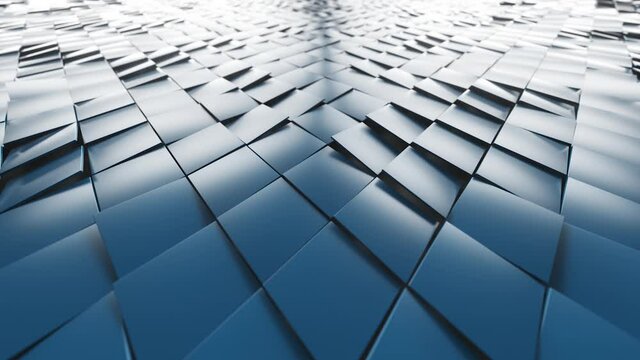 Abstract modern background from cubes. Blue rotating diagonal squares. Ultra-wide camera angle. 3d animation of seamless loop.