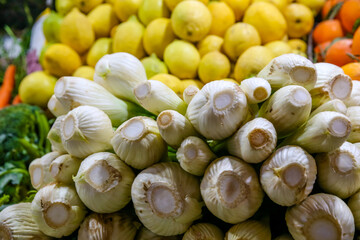 Zucchini and turnips on sale in the souks of Fez Morocco