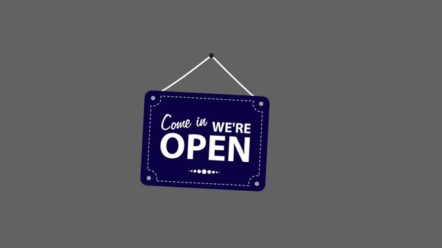 Open sign. We're Open door sign animated cartoon vector animation on transparent background. Open Store Hanging door sign with alpha channel.  